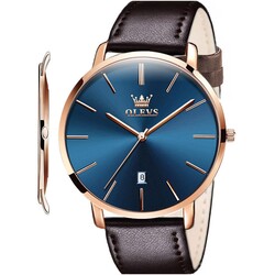 OLEVS Mens Watches Minimalist Ultra Thin Fashion Casual Analog Quartz Date Watch Waterproof Slim Simple Big Face Dress Wrist Watch Leather Band for Men