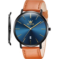 OLEVS Mens Watches Minimalist Ultra Thin Fashion Casual Analog Quartz Date Watch Waterproof Slim Simple Big Face Dress Wrist Watch Leather Band for Men