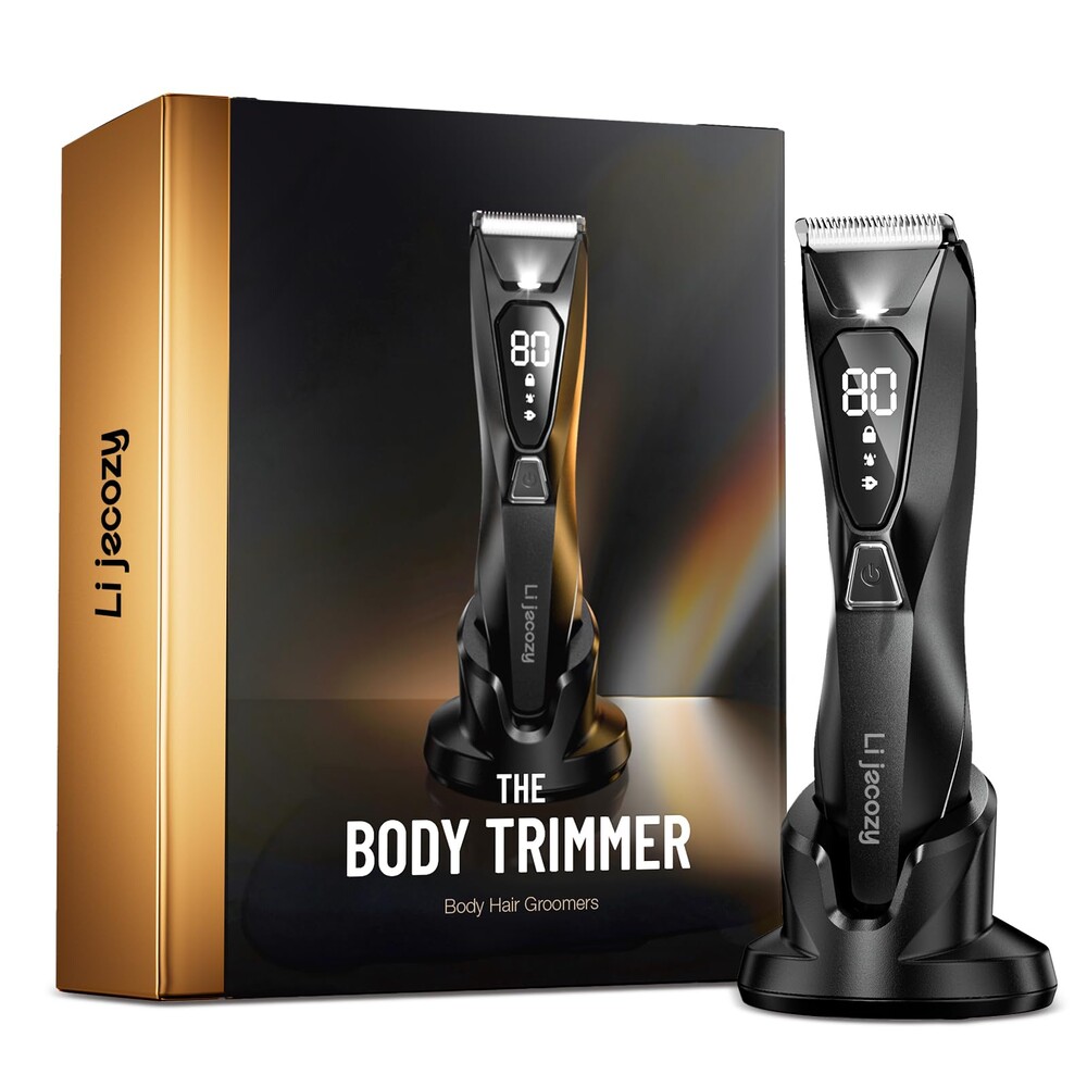 Lijecozy Body Hair & Pubic Hair Trimmer for Men - Electric Ball Shaver with LED Light & Display, Waterproof Wet/Dry Groomer Kit with Wireless Charging & 3 Combs, Ceramic Blade Technology