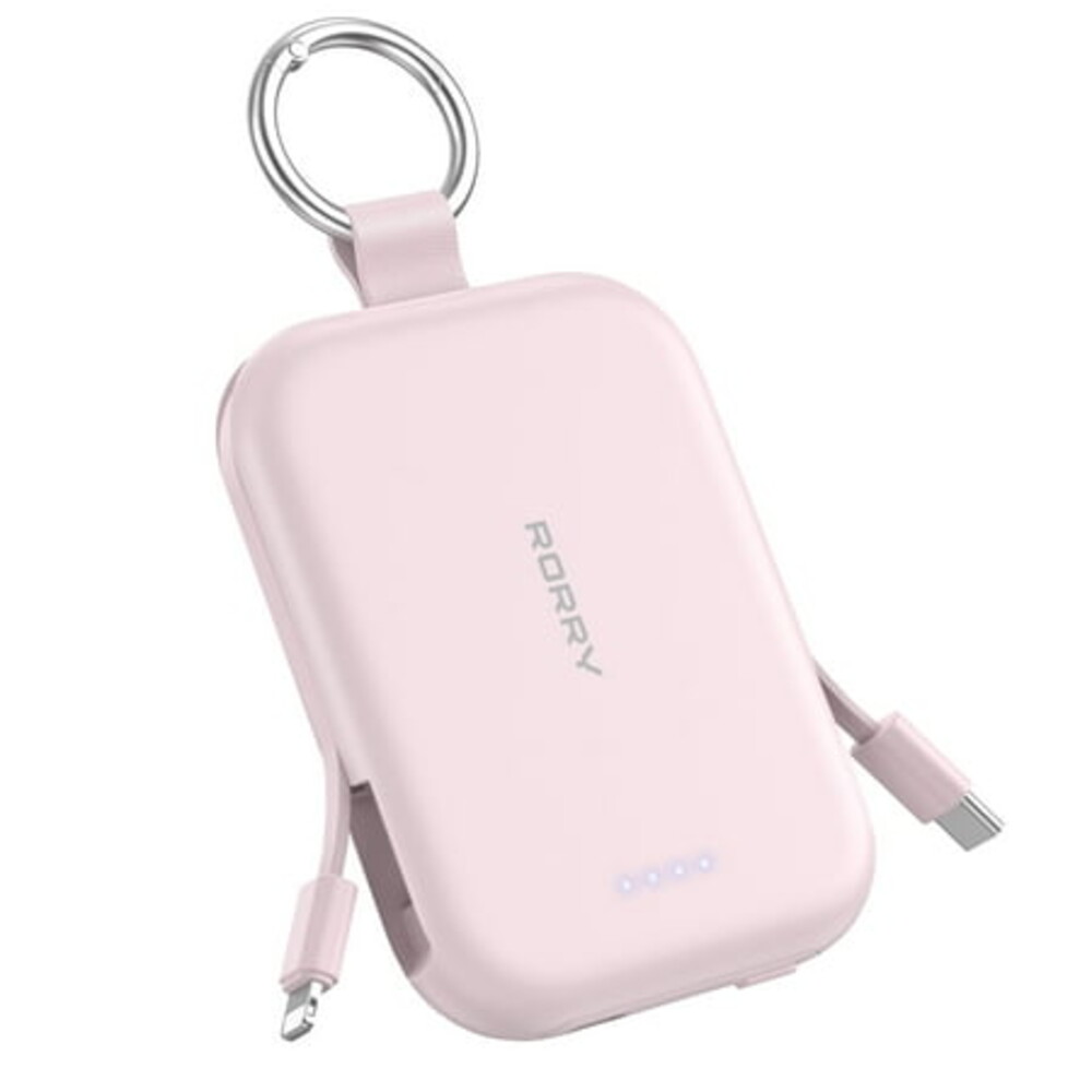 RORRY 5000mAh Portable Charger Power Bank with Built-in Cables, Mini Keychain Charger Battery Pack for iPhone, Android, Samsung, and More – Compact Travel Power Bank, Pink