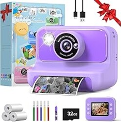 Kids Camera Instant Print, Christmas Birthday Gifts for Girls and Boys, 1080P HD Video Digital Kids Camera with 32G Card, Toddler Camera for 3-12 Years Old, Purple