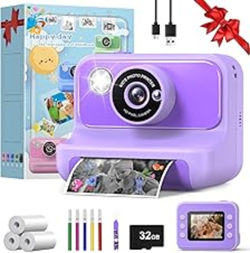 Kids Camera Instant Print, Christmas Birthday Gifts for Girls and Boys, 1080P HD Video Digital Kids Camera with 32G Card, Toddler Camera for 3-12 Years Old, Purple
