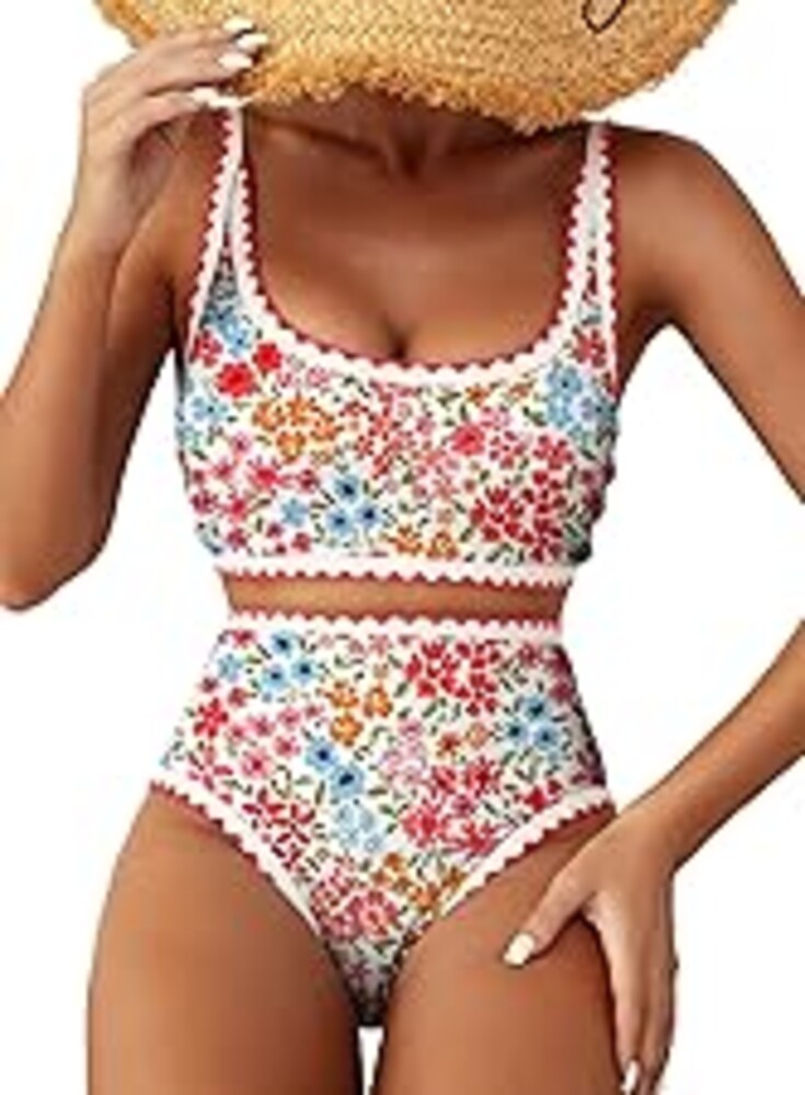 Herseas Women's Bikini Sets Floral Print Whip Stitch 2 Piece Swimsuits High Waisted Scoop Bathing Suits