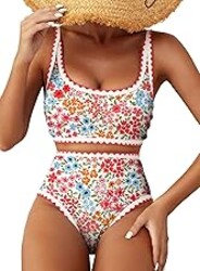 Herseas Women's Bikini Sets Floral Print Whip Stitch 2 Piece Swimsuits High Waisted Scoop Bathing Suits