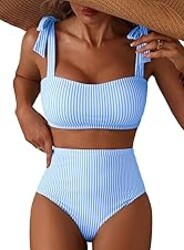 Herseas Women's Tie Shoulder Bikini Sets 2 Piece Striped Swimsuits High Waisted Bathing Suits