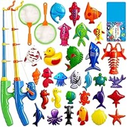 CozyBomB™ Magnetic Fishing Toys Game Set for Kids | Water Table Bathtub Kiddie Pool Party Pole Rod Net, Outdoor Plastic Floating Fish, Toddler Bath Color Ocean Sea Animals Birthday Gift Age 3-5 6 4-8