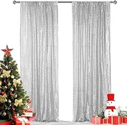 Hahuho Silver Sequin Backdrop Curtain, 2PCS 2FTx8FT Glitter Backdrop Curtain for Parties, Christmas, Wedding, Party Decoration（2 Panels, 2FT x 8FT, Silver