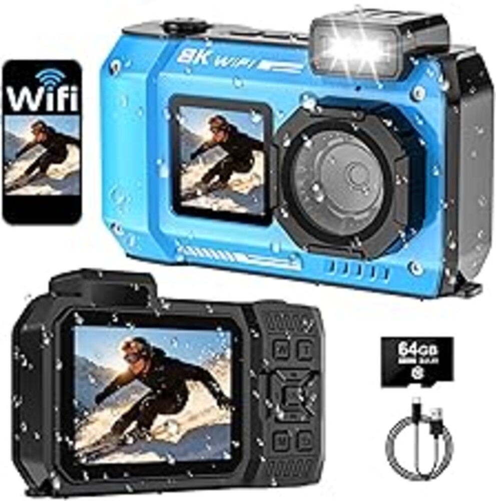 SPUNALP UHD 8K Underwater Camera, 70MP 33FT WiFi Waterproof Digital Camera with 64GB Card, Auto Focus Waterproof Dual-Screen Selfie 2500mAh Battery, 18X Floatable Digital for Snorkeling, Blue