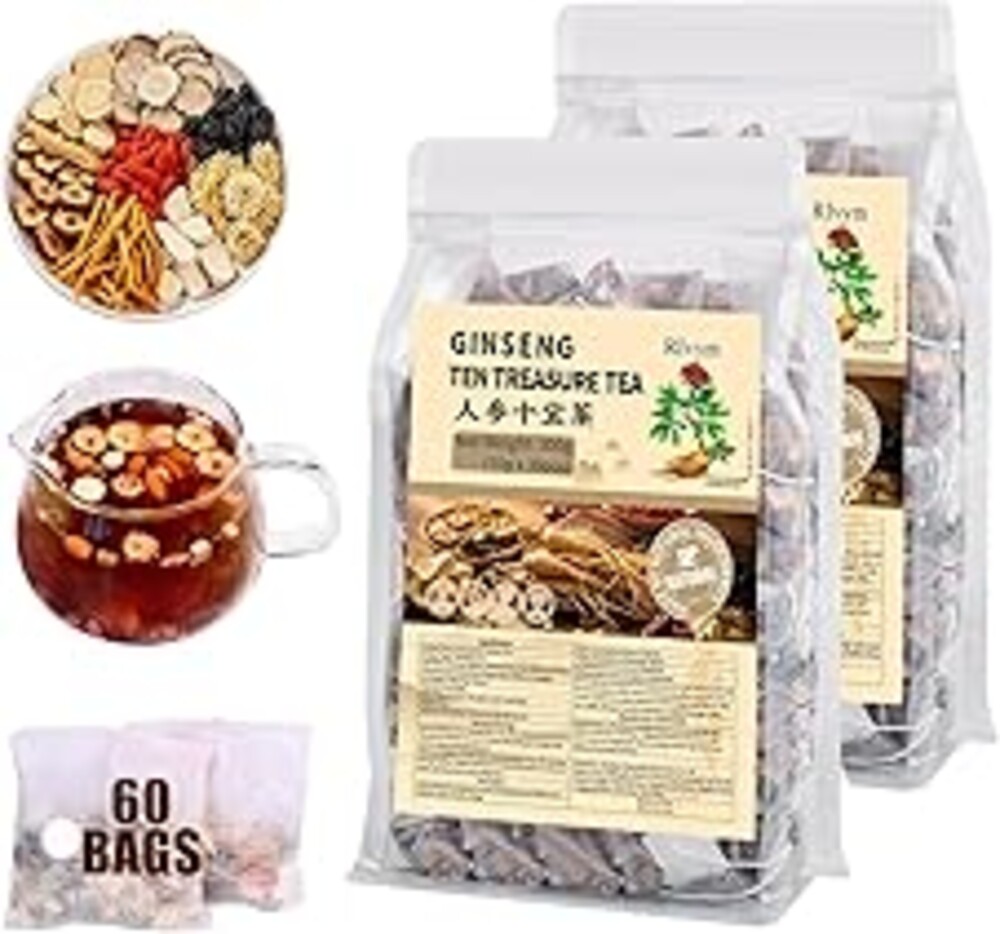 60Pcs Ginseng Ten Treasures Tea, Chinese Traditional Kidney Care Herbal Tea, Natural Kidney Cleanse Detox Tea for Women & Men, 10 Precious Ingredients Formula(60Bags, 600g)