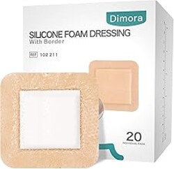 Dimora Silicone Foam Dressing with Border 20 Pack Adhesive 4"x4" Waterproof Wound Dressing Bandage for Wound Care | 5 Layer Design, Megasorb No Leaking, waterproof bed sore pressure wound care, post surgery wound dressing