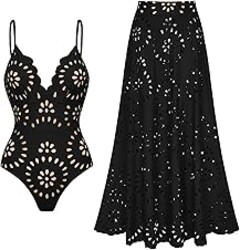 FLAXMAKER Women's One Piece Bathing Suit Petal Hollow V Neck Swimsuit and Skirt