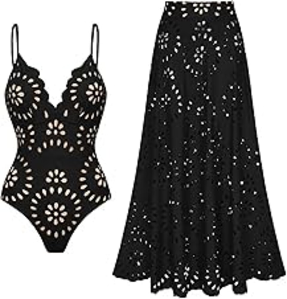 FLAXMAKER Women's One Piece Bathing Suit Petal Hollow V Neck Swimsuit and Skirt