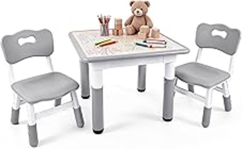 Pterying Kids Table and Chairs Set - 23.6" L x 23.6" W Height Adjustable Toddler Desk, Non-Slip Toddler Table with Graffiti Desktop for Ages 2-8, for Home Preschool Classroom Daycare, Grey