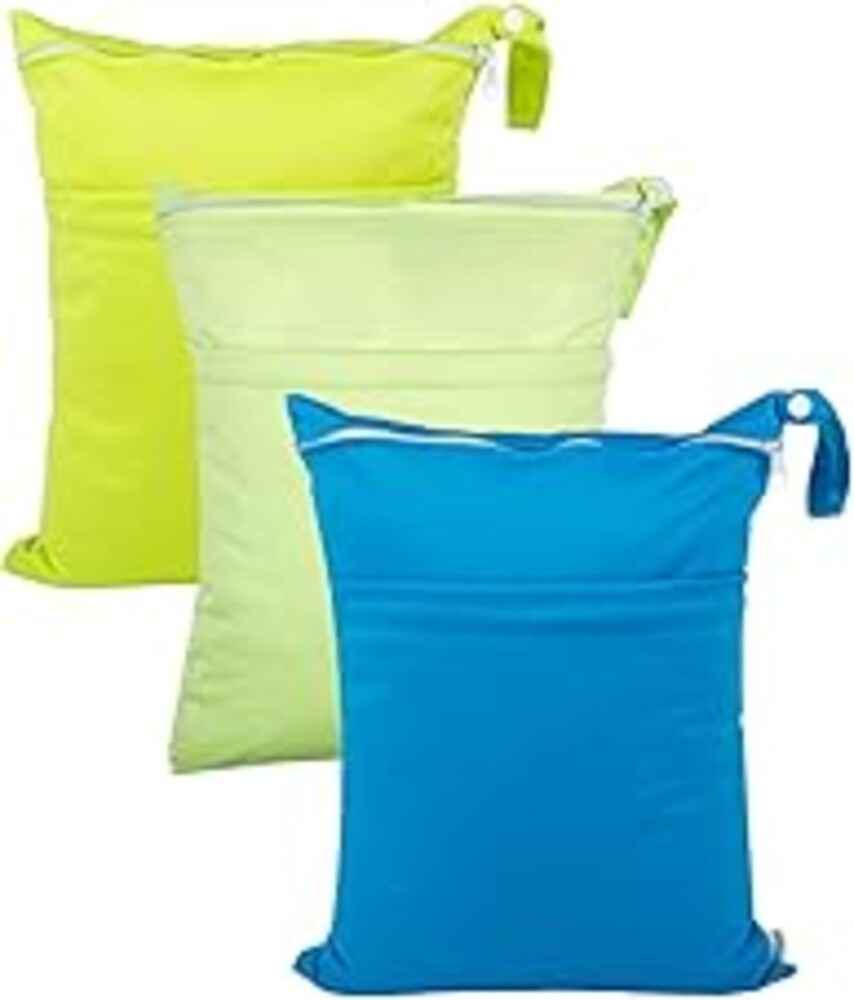 babygoal Wet Dry Bags 3 Pack for Baby Cloth Diapers, Washable Travel Bags, Beach, Pool, Gym Bag for Swimsuits & Wet Clothes with 2 Pockets 3LN10