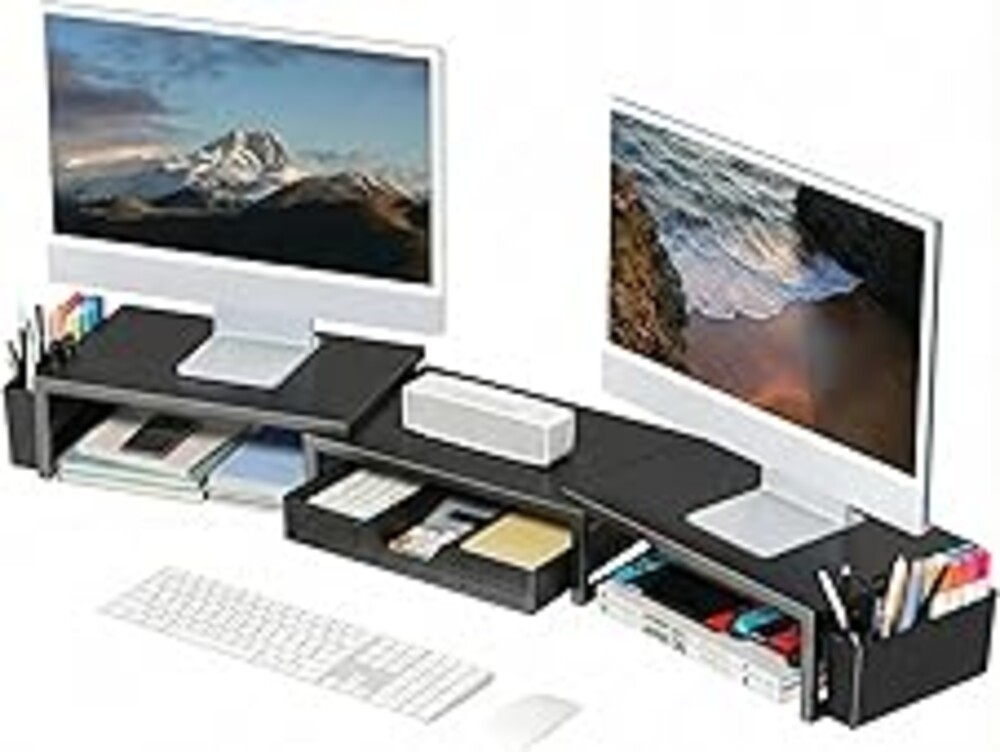 OPNICE Desk Organizers and Accessories, Dual Monitor Stand Riser with Drawer and 2 Pen Holders, Desk Shelf Metal Computer Racks for Office Workspace Organizers, Desktop Organization (Black Metal)