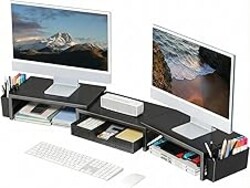 OPNICE Desk Organizers and Accessories, Dual Monitor Stand Riser with Drawer and 2 Pen Holders, Desk Shelf Metal Computer Racks for Office Workspace Organizers, Desktop Organization (Black Metal)