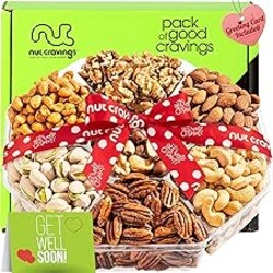 NUT CRAVINGS - Get Well Soon, Mixed Nuts Gift Basket with Get Well Soon Ribbon (7 Assortments) Food Platter, Healthy Snack Care Package, Food Assortments