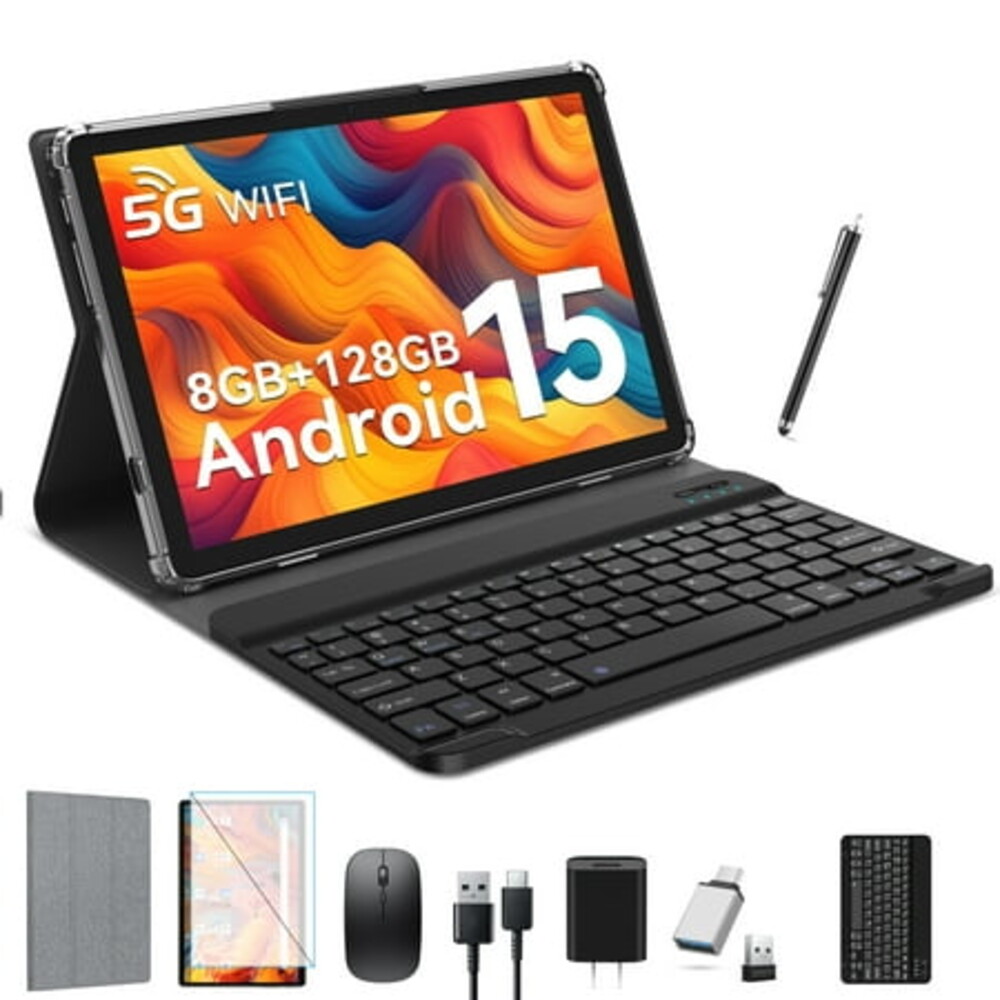 Android 15 Tablet,10inch Tablet with Keyboard,128 Storage,Dual 13MP+5MP Camera, WiFi, IPS Full HD Display