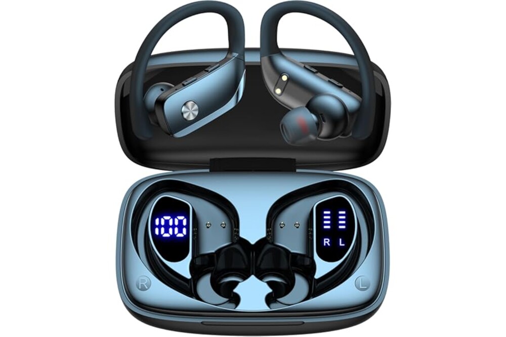 bmani Ear Buds Wireless Earbuds Bluetooth Headphones with 80H Playtime LED Display Case, Over-Ear Hook with Mic, Stereo Sound