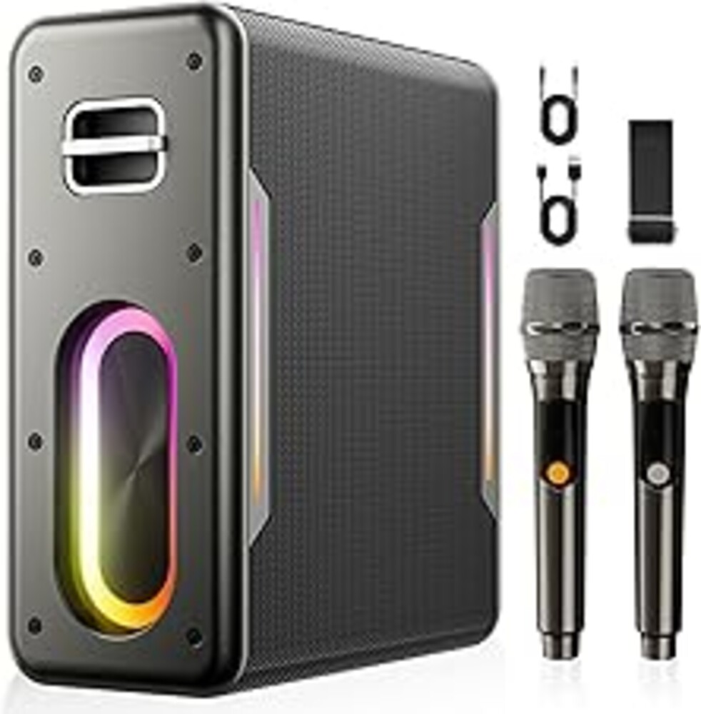 Karaoke Machine with 2 Wireless Microphones, Portable Bluetooth Karaoke Speaker for Adults, 2 Voice Mode & LED Party Lights, Party Birthday Gifts for Kids Family,Supports BT/TWS/AUX/USB/TF