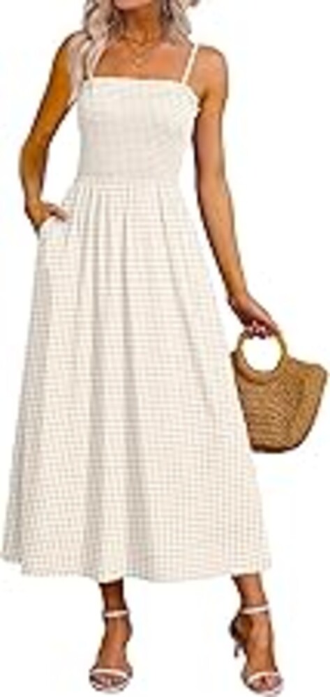OFEEFAN Womens Spaghetti Strap Maxi Dresses Smocked with Pockets 2026 Summer Spring Casual Boho Beach Long Sundresses