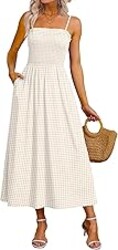 OFEEFAN Womens Spaghetti Strap Maxi Dresses Smocked with Pockets 2026 Summer Spring Casual Boho Beach Long Sundresses
