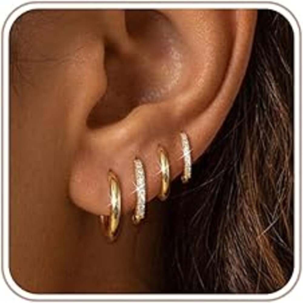 Maxcate 4 Pair Small Gold Hoop Earrings for Women Sensitive Ears - Hypoallergenic 14k Real Gold Plated Hoops Zirconia Cartilage Huggie Earrings Set Helix Piercing Earring Gold Jewelry for Women Gift