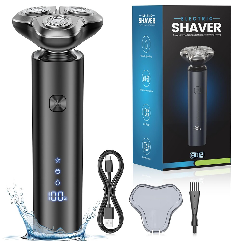 Electric Razor for Men, Men's Electric Shaver, 3-Blade Rotary Shaving System, Touch Switch, Type-C Fast Charging, LED Display, Travel Lock, 90+ Minutes Run Time