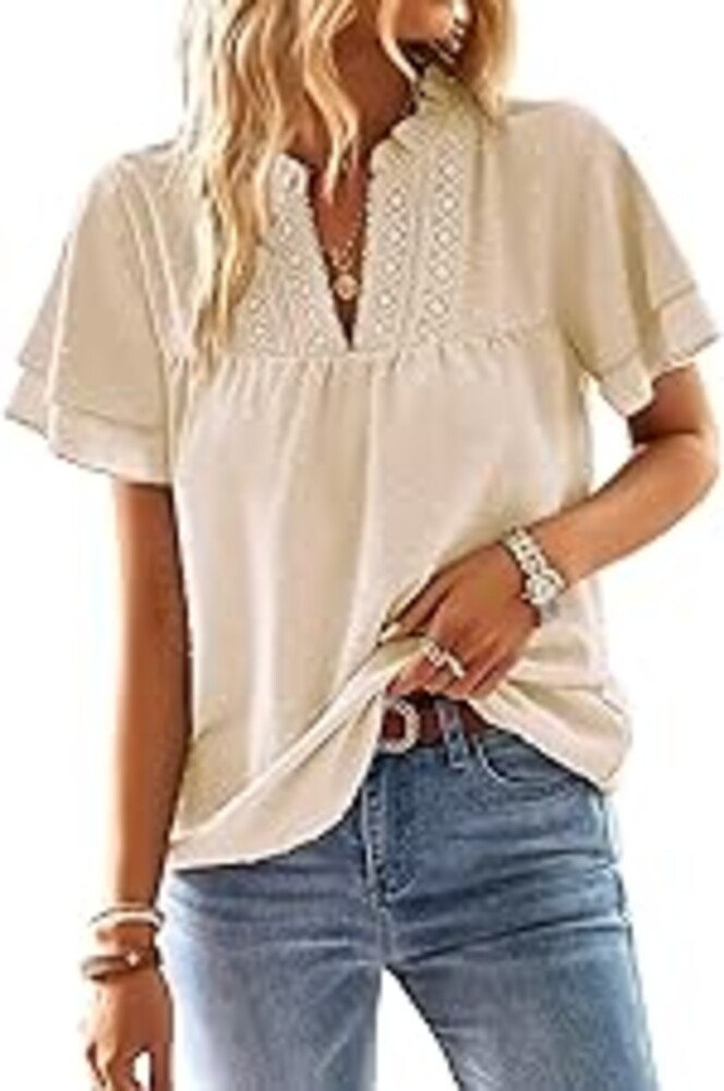 Falechay Womens Tops Butterfly Sleeve V Neck Blouses for Women Dressy Casual Flowy Swiss Dot Ruffle Short Sleeve Shirts