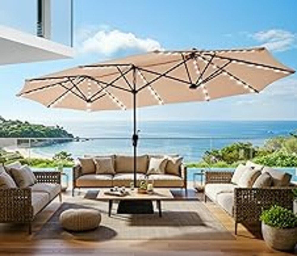 SUPERJARE 13ft Outdoor Patio Umbrella with Solar Lights, Double-sided Deck Pool Umbrella with 1.5 Inch Pole, Fade Resistant Canopy, 12 Sturdy Ribs, for Porch, Market, Backyard, Beige (No Base)