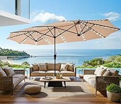 SUPERJARE 13ft Outdoor Patio Umbrella with Solar Lights, Double-sided Deck Pool Umbrella with 1.5 Inch Pole, Fade Resistant Canopy, 12 Sturdy Ribs, for Porch, Market, Backyard, Beige (No Base)