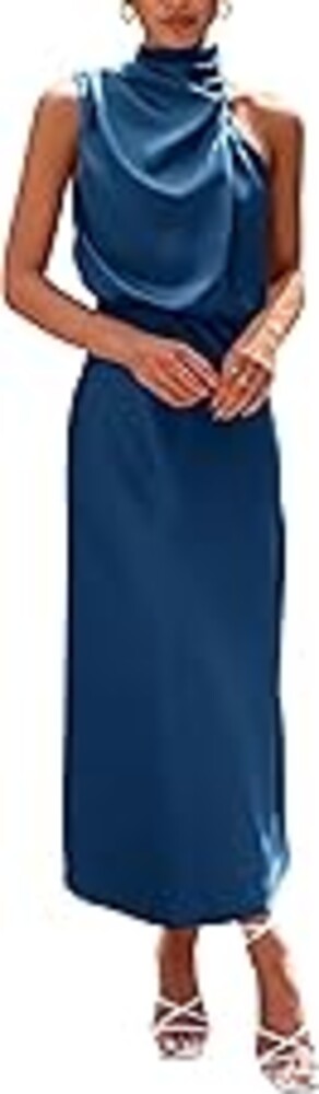 PRETTYGARDEN Women's 2026 Summer Satin Dress Elegant Sleeveless Mock Neck Cocktail Party Maxi Dresses