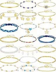 17KM 21PCS Gold Ankle Bracelets for Women, Boho Shell Bead Cuban Link Chain Waterproof Gold Anklets Set, Adjustable Layered Anklets for Women Beach Jewelry Gift