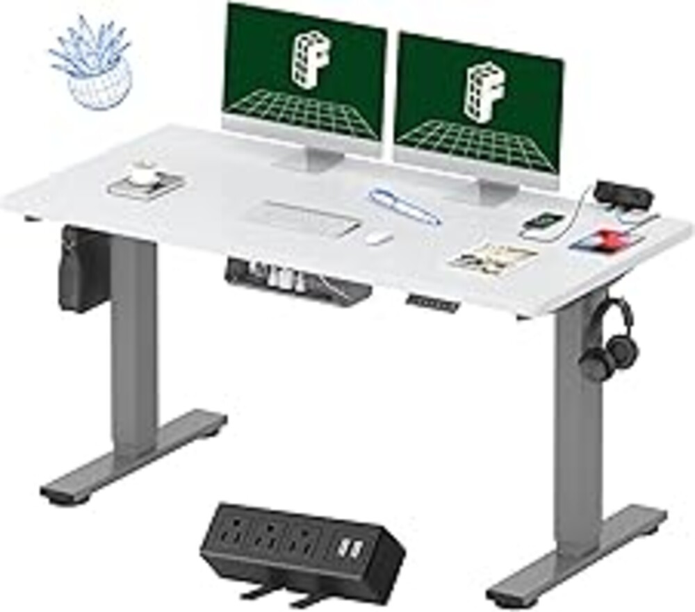 FLEXISPOT EN2 Whole-Piece Standing Desk with Clamp Power Strip, 55 x 28 Electric Stand Up Height Adjustable Desk with Cable Management (Gray Frame + 55" White Top, 2 Packages)
