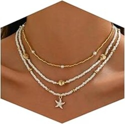 Shell Starfish Necklace for Women, 14k Gold Plated Boho Layered Beaded Charm Pendant Necklace, Dainty Adjustable Pearl Conch Summer Beach Vacation Jewelry Gifts