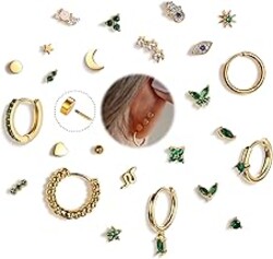 KRFY 25Pcs/17 Pairs Hypoallergenic Surgical Steel Earrings for Sensitive Ears 14K Gold Plated Flat Back Cartilage Earrings for Women Men Screw Back Flatback Stud Hoop Earring Set for Multiple Piercing