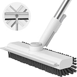 Floor Scrub Brush with Long Handle, 3 in 1 Scrape and Heavy-Duty Stiff Bristle Scrubber Brush Broom for Cleaning Shower Bathroom, Patio, Pool, Garage, Kitchen, Wall and Deck (White, 1 Pack)