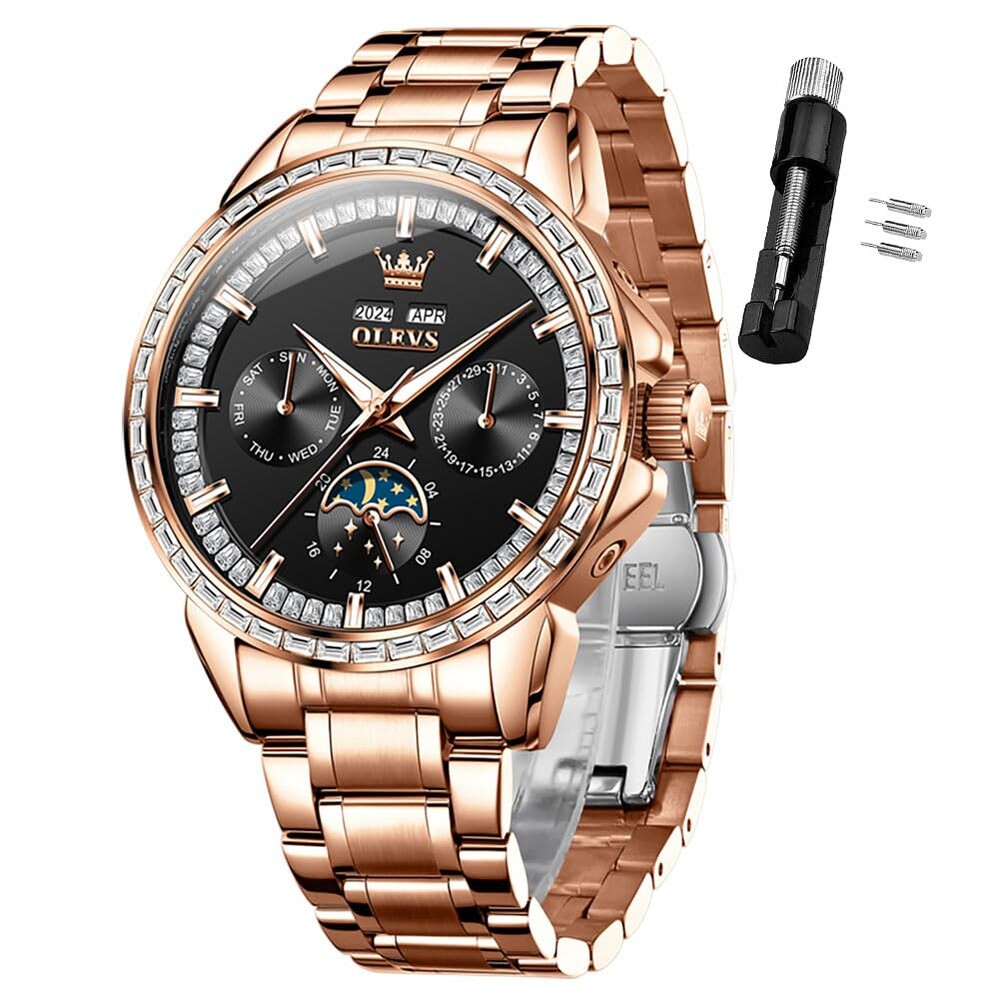 OLEVS Automatic Men Watch Self Winding Mechanical Luxury Dress Moon Phase Stainless Steel Waterproof Luminous Calendar Wrist Watch