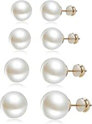 Sanglarst 4 Pairs Pearl Stud Earrings 14K Plated Gold Sterling Silver Hypoallergenic Earring stud Large size pearl 8mm-14mm Set Earrings for women