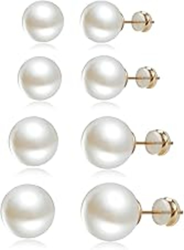 Sanglarst 4 Pairs Pearl Stud Earrings 14K Plated Gold Sterling Silver Hypoallergenic Earring stud Large size pearl 8mm-14mm Set Earrings for women