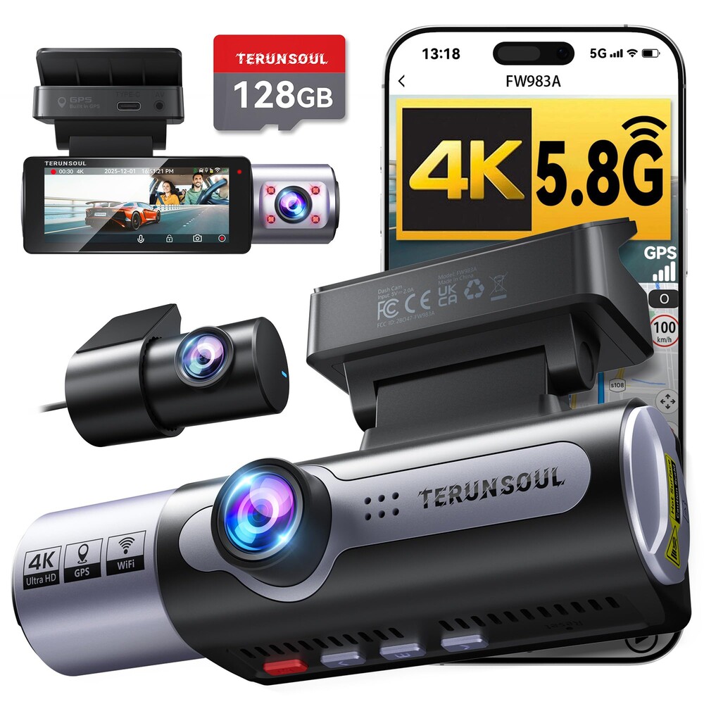 TERUNSOUl 4K Dash Cam Front and Rear, Full HD 3 Channel Dashcam, Free 128GB MicroSD Card, Built-in 5.8GHz WiFi Built-in GPS, Collision Sensor, Night Vision, HDR, 3.16" IPS, 24H Parking Mode（Black）