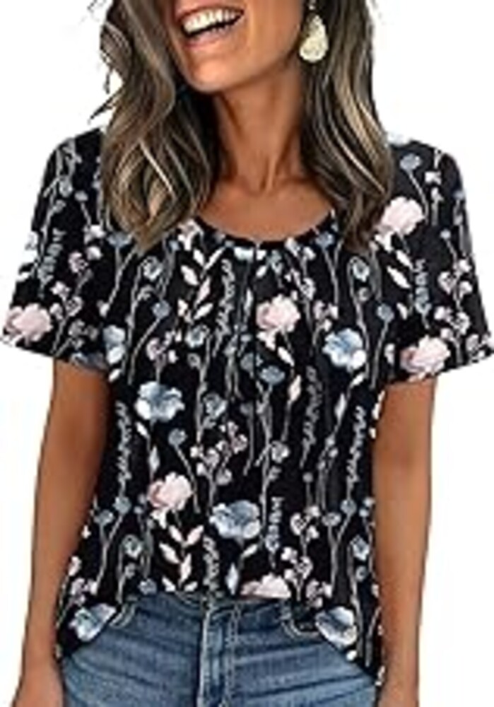 WIHOLL Women T Shirts Pleated Short Sleeve Tops Business Casual Dressy Blouses