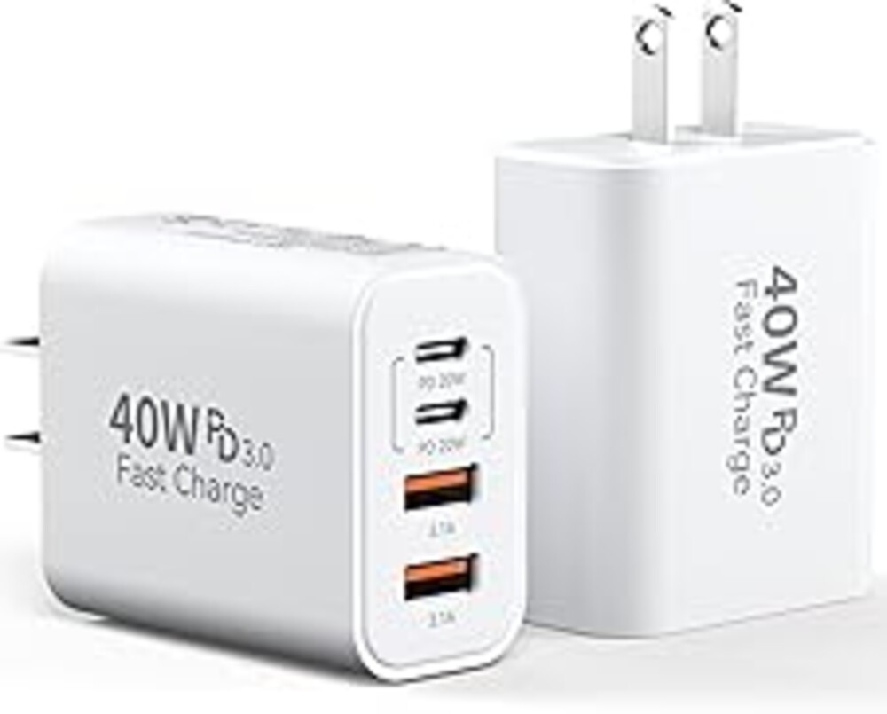 USB C Charger Block, 40W 4 Ports Type C Fast Phone Charging Blocks Cube PD USBC Wall Plug+QC 3.0 USB A Charger Brick Box Power for iPhone 17/16/15/14/13/12 Pro Max, iPad, Samsung Galaxy, Pixel, 2Pack