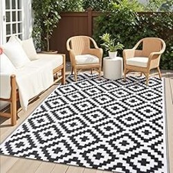 OLANLY Waterproof Outdoor Rug 5x8 ft, Outdoor Plastic Straw Rug for Camping, RV Mat Outside, Indoor Outdoor Carpet for Porch, Deck, Backyard, Balcony, Picnic, Black & White