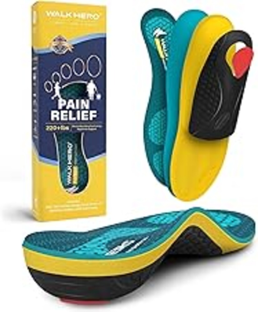 WalkHero Heavy Duty Pain Relief Insoles, 220+lbs High Arch Support Orthotics Inserts for Plantar Fasciitis, Flat Feet, Pronation and Heel Pain (Mens 8-8.5 | Womens 10-10.5, Coral Green)