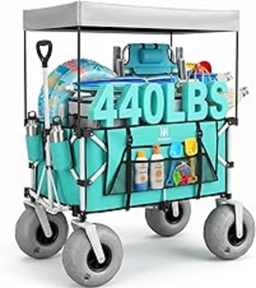 Navatiee Beach Wagon with Big Balloon Wheels for Sand, 200L Extra Large Beach Cart with Canopy, 440Lbs Heavy Duty Folding Wagon Collapsible with 9" Tires & Side Pocket for Beach, Outdoor, Light Blue