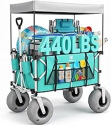 Navatiee Beach Wagon with Big Balloon Wheels for Sand, 200L Extra Large Beach Cart with Canopy, 440Lbs Heavy Duty Folding Wagon Collapsible with 9" Tires & Side Pocket for Beach, Outdoor, Light Blue