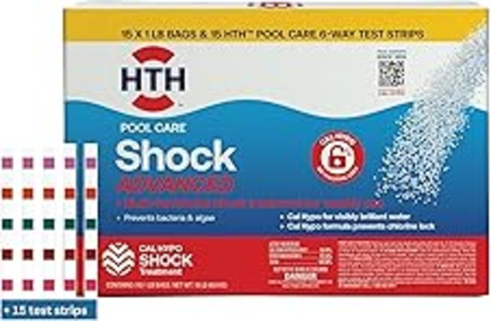 HTH 52046 Pool Care Shock Advanced, Swimming Pool Chemical - Cal Hypo Formula, Prevents Bacteria & Algae, Restores Crystal Clear Water - Shock Treatment, 1lb (15 Pack) + 15 HTH Pool Care Test Strips