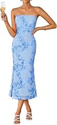 ZESICA Cocktail Wedding Guest Dresses for Women 2026 Summer Strapless Floral Bodycon Mesh Tube Formal Party Midi Dress