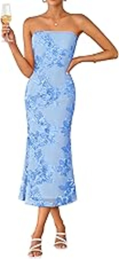 ZESICA Cocktail Wedding Guest Dresses for Women 2026 Summer Strapless Floral Bodycon Mesh Tube Formal Party Midi Dress